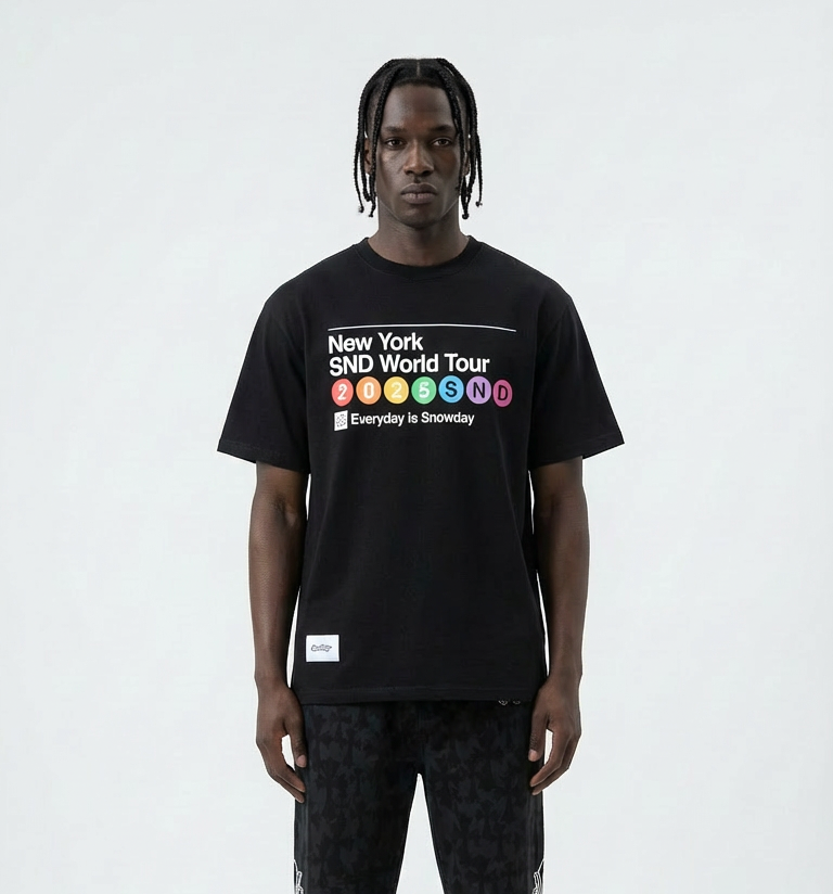 SnowDay NYC Metro World Tour 2025 Graphic T-Shirt | Premium Heavyweight Cotton Streetwear | Unisex New York Subway Logo Tee Black